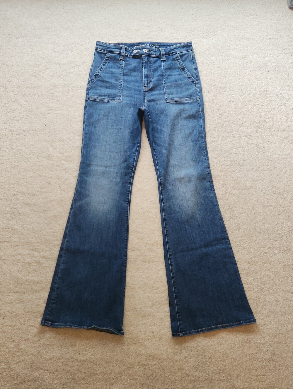 AE Super High-Rise Flare Jeans 14 X-long pork chop pockets slim flare stretchy